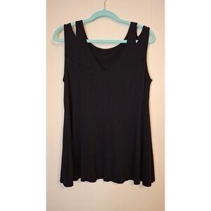 Cupio Women's Large Black Swing Tank Split Strap Top Stretch‎ Relaxed Sleeveless